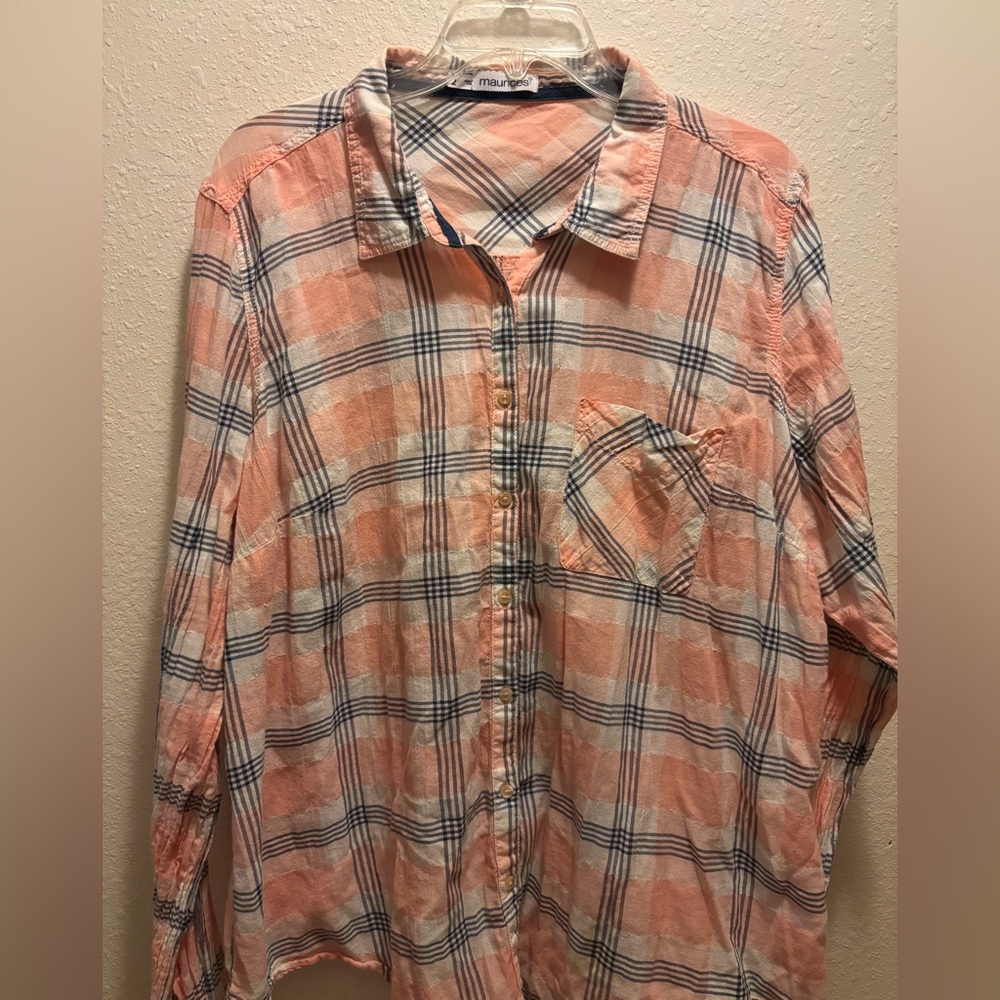 Maurices Pink Plaid Flannel Button Down Shirt 2X Plus Casual